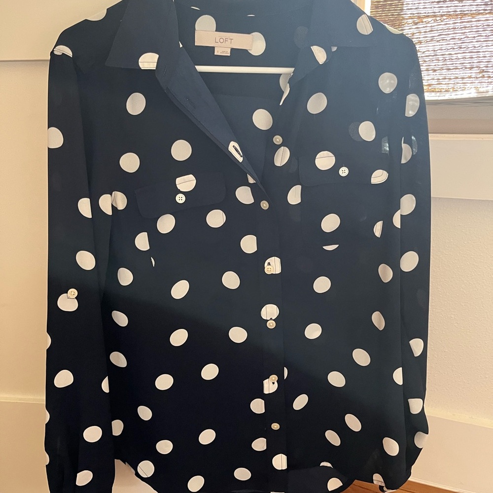 LOFT Women's Dark Blue Polka Dot Button Down Shirt